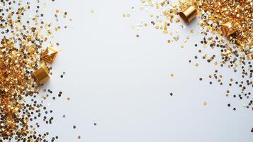 Golden glitter forms a surface, pile on a white shimmering creating a luxurious and festive backdrop photo