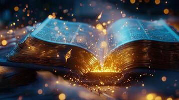 Magical golden book releasing luminous rays, sparkling particles illuminating enchanted night forest under moonlit winter photo