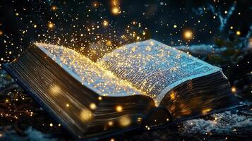Magical golden book illuminating luminous rays, sparkling particles releasing enchanted winter forest under moonlit night photo