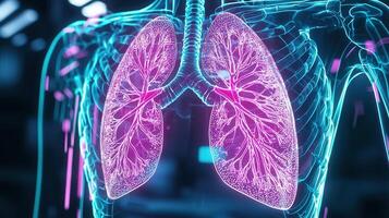 Holographic visualization of bronchi lungs highlighting human and alveoli, providing detailed view of respiratory system photo