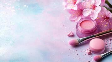 Pink cosmetic powder, blush, makeup brushes nestled among soft cherry blossoms against delicate photo