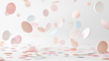 Round and square confetti in pastel colors falling and creating a background atmosphere on a clean white festive photo