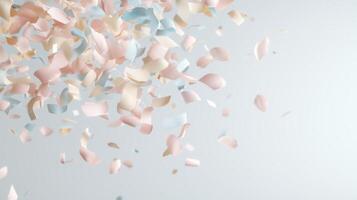 Round and square confetti in pastel colors falling clean and a festive atmosphere on a creating white background photo