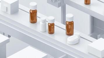 Pharmaceutical production line quality medicine bottles and pills through a sterile facility, ensuring control efficiency photo