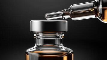 Close up of robotic arm dispensing amber pharmaceutical glass into fluid bottle during precision manufacturing process photo