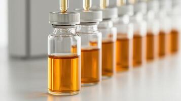 Close up of a pipette dropping essential oil into a row of medical vials, showcasing the a of sample preparation or quality control in process laboratory environment photo
