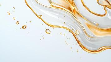 Golden spreading streaming, across white background, forming dynamic liquid patterns photo