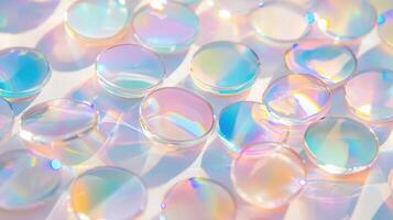 Round, translucent confetti pieces in backdrop, rainbow hues create a vibrant and festive pastel perfect for party or celebration themes photo