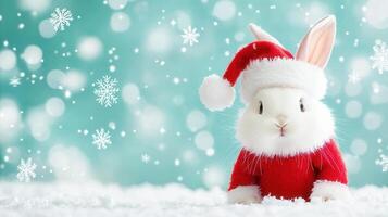 a white rabbit wearing snowflakes santa claus costume sits in the snow with Cute falling against a festive teal background photo