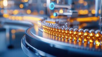 Pharmaceutical production line quality medicine bottles and pills through a sterile facility, ensuring transporting and efficiency photo