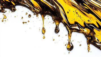 Golden honey streaming, spreading across dynamic backdrop, forming white liquid patterns photo