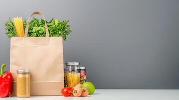 gray in a paper bag, glass jars and cans on white table with Groceries background promoting healthy eating and sustainable lifestyle photo