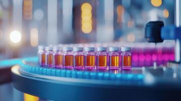Pharmaceutical production line transporting medicine bottles and pills through a sterile facility, ensuring quality control and efficiency photo