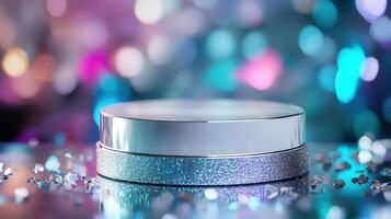 Metallic platform with gleaming circular purple bokeh lights, reflecting crystal fragments against sleek futuristic design photo