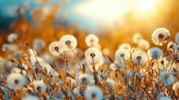 Glowing dandelion illuminating drifting through golden summer sunset, luminescence peaceful meadow with ethereal seeds photo