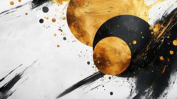 Gold circles and black brushstrokes creating a dynamic and elegant abstract composition on textured white background photo