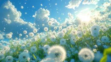 Glowing dandelion seeds drifting meadow golden summer sunset, illuminating peaceful through with ethereal luminescence photo