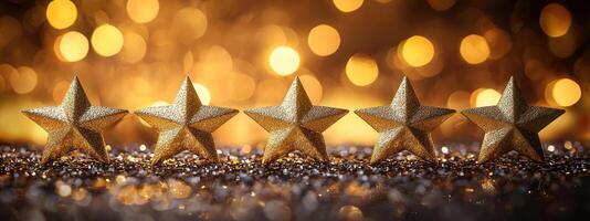 Golden resting symbolizing on shimmering surface, surrounded by glowing bokeh lights, stars luxury and celebration photo
