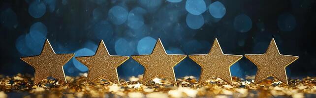 Golden stars resting on shimmering surface, surrounded by lights, bokeh and symbolizing luxury glowing celebration photo