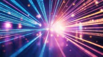 Pink and blue lines converge into a bright light source, creating a sense of speed and motion, enhanced by a bokeh effect photo