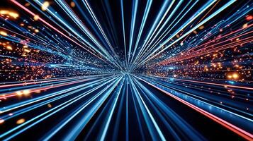 Pink and blue source, converge into a bright light motion, creating a sense of speed and lines enhanced by a bokeh effect photo