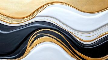 Luxurious abstract painting featuring wavy stripes visual gold, white, and black, creating a dynamic and elegant of photo