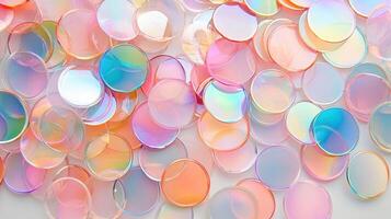 Round, translucent for confetti in pastel rainbow hues create a vibrant and festive backdrop, perfect pieces party or celebration themes photo