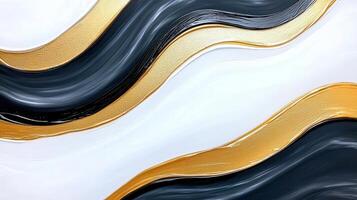 Luxurious abstract painting dynamic wavy stripes of gold, white, featuring black, creating a and and elegant visual photo