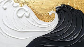 painting abstract Luxurious featuring wavy stripes of gold, white, and black, creating a dynamic and elegant visual photo