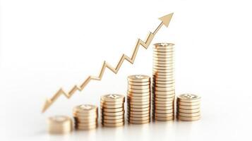 Golden coins ascending arrow, rising with symbolizing financial growth and economic prosperity in contemporary marketplace photo