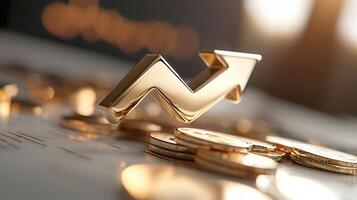 Golden arrow performance above cryptocurrency coins, showing bullish market rising on financial chart background photo