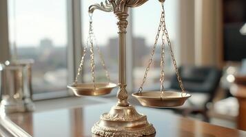 Brass scales of justice balancing on a reflective surface, with city lights twinkling in the background at dusk, legal law, order, and symbolizing decisions photo
