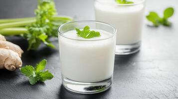 Indian buttermilk chaas featuring fresh parsley, celery, ginger, and beautifully mint, arranged against a dark background photo