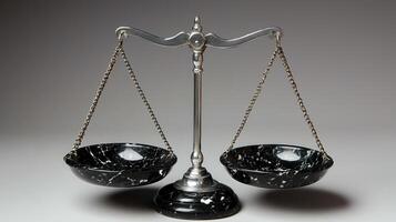 scales and balancing on a wooden base represent the concept of justice, law, Golden equality before a dark gray background photo