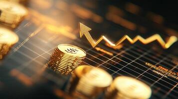 Golden arrow rising above cryptocurrency coins, showing bullish market performance on financial chart background photo