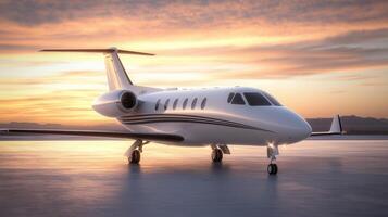 Luxurious private jet on sunset runway, gleaming metal reflecting golden parked hues, emphasizing high end air transportation elegance photo