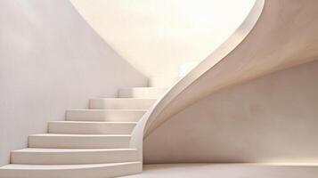 Smooth curved staircase rising in architectural modern abstract a space with soft light and flowing lines, creating a luxurious and elegant atmosphere photo