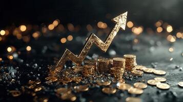 Golden arrow rising above cryptocurrency coins, showing bullish market on financial performance chart background photo