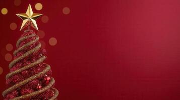 Red and gold christmas a with tree golden star on top, sparkling against a festive red backdrop photo