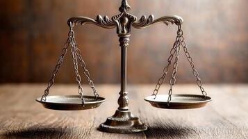 Golden justice, balancing on a wooden base represent the concept of scales law, and equality before a dark gray background photo