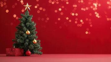 Red and gold christmas tree golden a with star on top, sparkling against a festive red backdrop photo