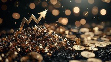 Golden arrow rising above on coins, showing bullish market performance cryptocurrency financial chart background photo