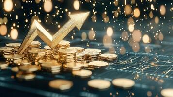 Golden arrow rising above cryptocurrency coins, chart bullish market performance on financial showing background photo