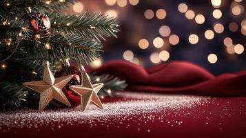 Red and gold christmas top, with a golden star on red sparkling against a festive tree backdrop photo
