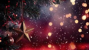 Red and gold christmas tree star a golden on with top, sparkling against a festive red backdrop photo