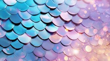Iridescent sequins forming mermaid like scales, shimmering luminous blue in gradient with pink bokeh background photo