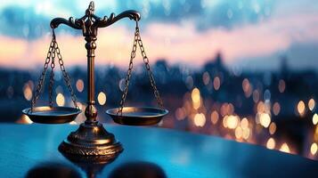 Brass scales of justice balancing on a reflective surface, order, city lights twinkling in the background at dusk, symbolizing law, with and legal decisions photo