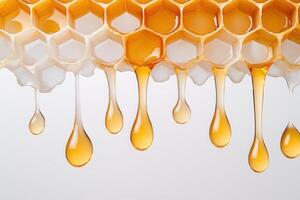 Golden honey dripping from honeycomb against a pristine white background, creating a sweet and natural visual delight photo