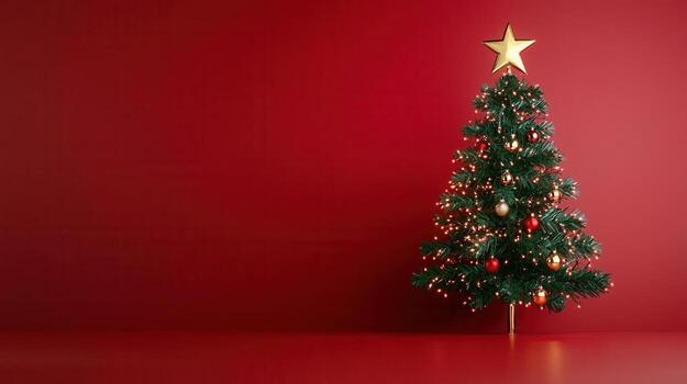 Small christmas tree adorned with a golden star and colorful baubles, resting on a vibrant red surface against a matching red wall photo