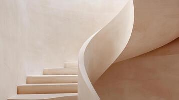 Sleek beige spiral staircase winding through minimalist white interior, architectural elegance photo